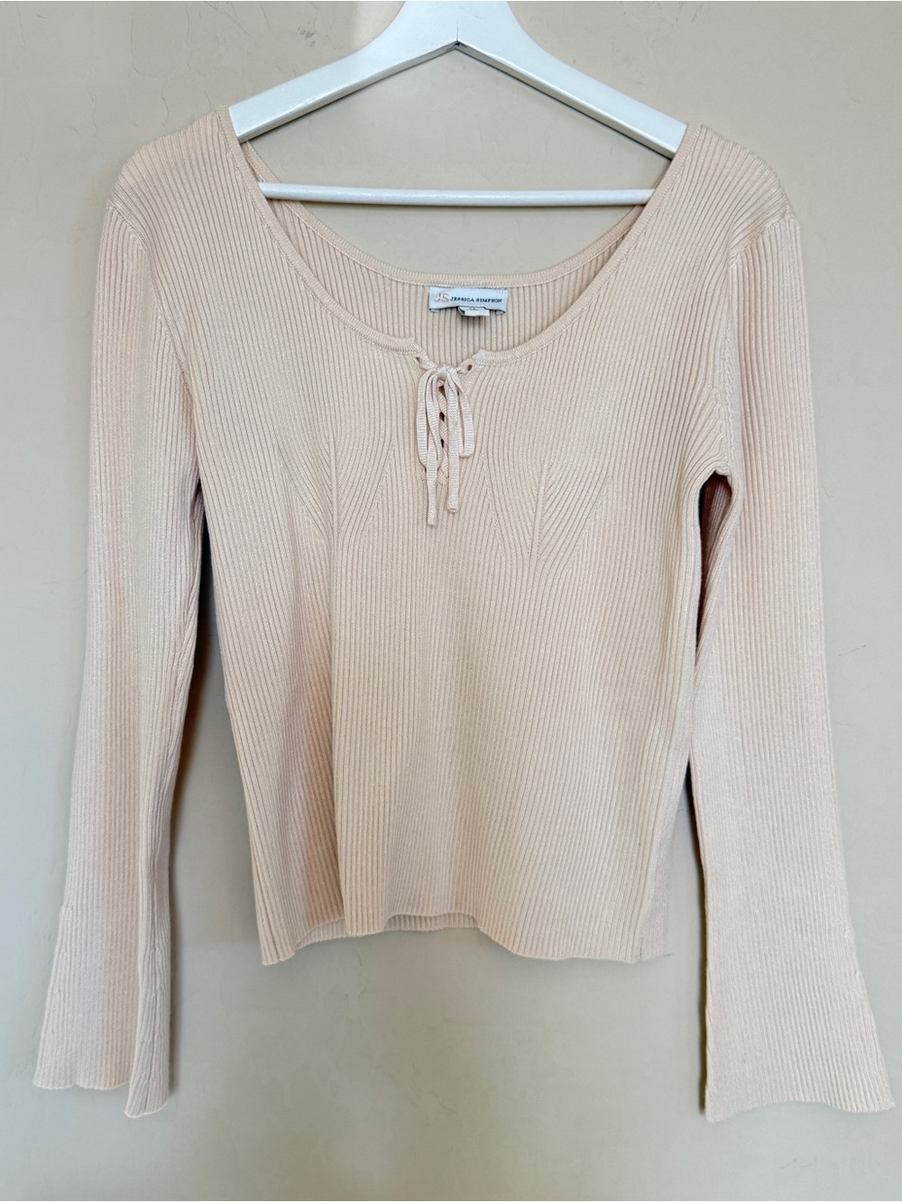 Soft Lightweight Ribbed Lace-Up Long Sleeve Sweater Top Beige Cream Medium